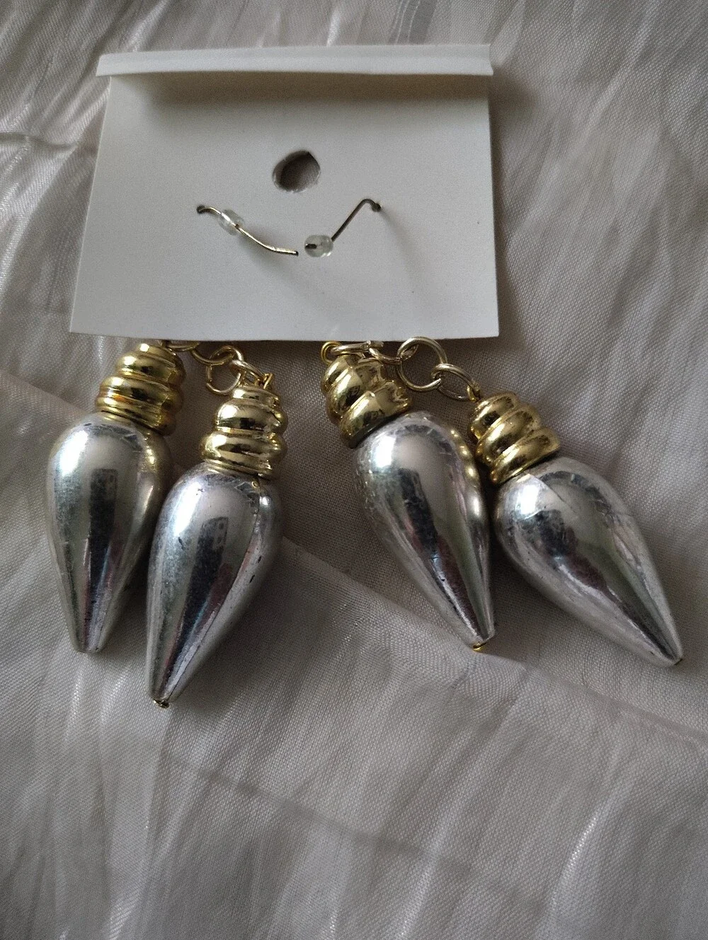 Vintage 1993 Christmas Light Bulb Dangle Earrings Silver Gold Retro Dead Stock